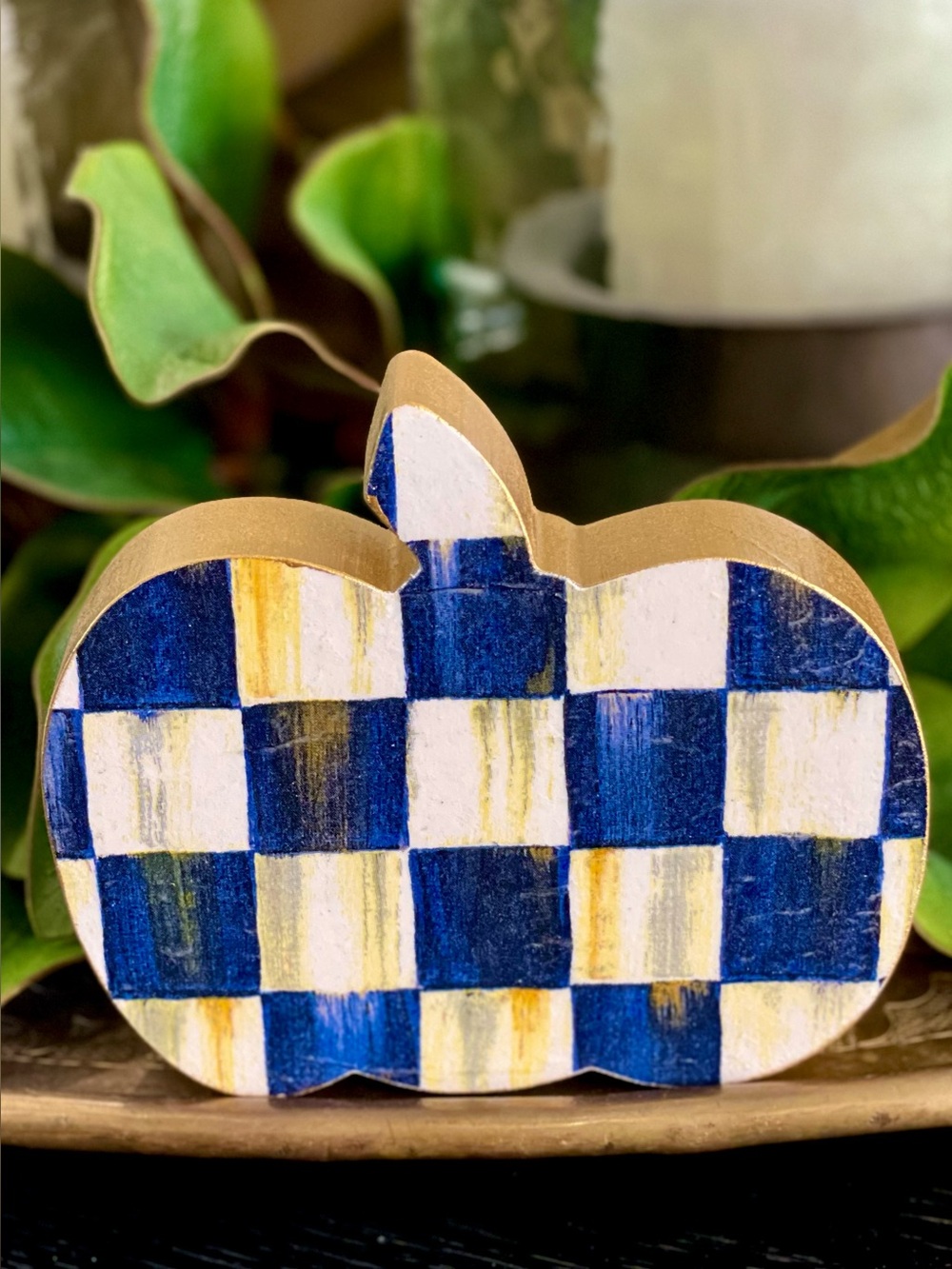 Hand Crafted Royal Check Wood Pumpkin Blue 6”